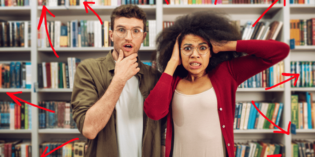 A man and woman stand in front of a bookcase, with arrows pointing towards them for emphasis.