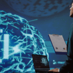 A man in a suit stands before a computer screen displaying an AI logo, suggesting a professional tech environment.