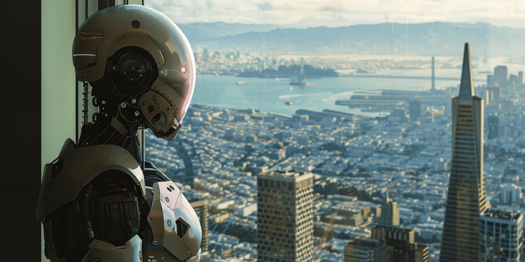 A robot stands in front of a city skyline, showcasing a panoramic view of buildings and urban landscape.