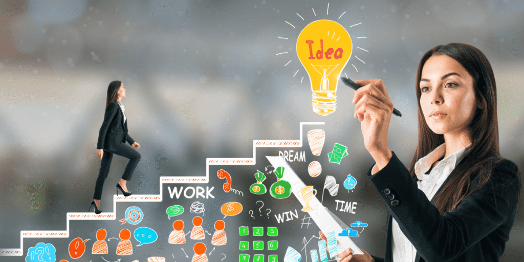 A woman in a business suit sketches a ladder leading to a light bulb, symbolizing ideas and career growth.
