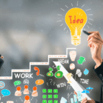 A woman in a business suit sketches a ladder leading to a light bulb, symbolizing ideas and career growth.