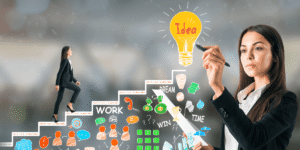 A woman in a business suit sketches a ladder leading to a light bulb, symbolizing ideas and career growth.