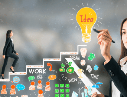 A woman in a business suit sketches a ladder leading to a light bulb, symbolizing ideas and career growth.
