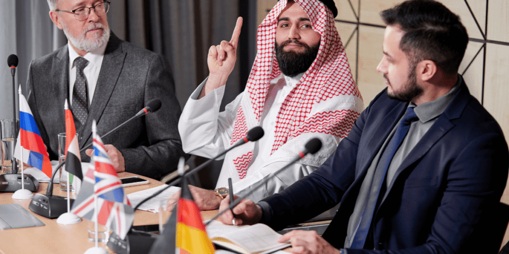 Saudi Arabia's foreign minister and Russia's foreign minister engage in a diplomatic meeting.