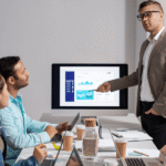 A man presents to an audience, engaging them with his speech and visual aids.