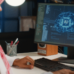 A man wearing a headscarf is focused on working at his computer.