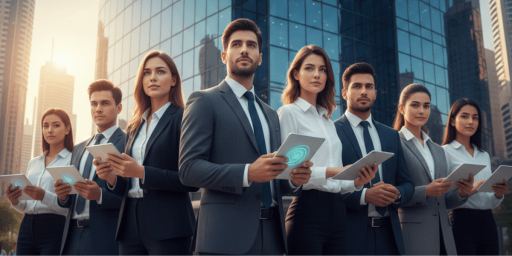 Business professionals holding tablets stand in front of a modern city building, engaged in discussion.