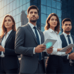 Business professionals holding tablets stand in front of a modern city building, engaged in discussion.