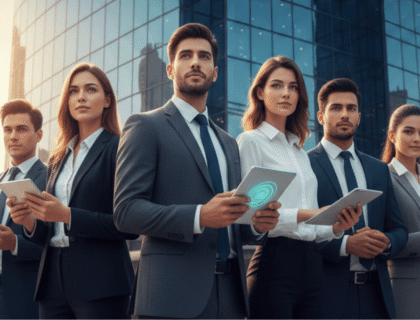 Business professionals holding tablets stand in front of a modern city building, engaged in discussion.
