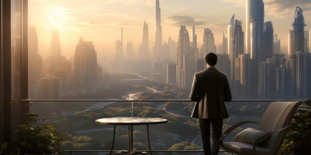 A man stands on a balcony, gazing out over a sprawling cityscape below him.