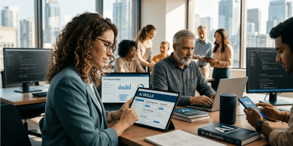 A group of professionals focused on their laptops while collaborating in a modern office environment.