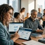 AI Skills Everyone Should Learn Today A group of professionals focused on their laptops while collaborating in a modern office environment.