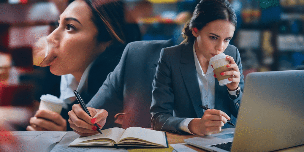 A woman in a business suit drinks coffee while typing on her laptop at a desk.
