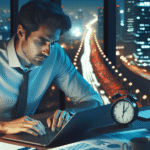 A man in a shirt and tie sits at a desk, working on a laptop.