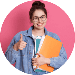 A woman with glasses holds a book and gives a thumbs up, expressing approval and enthusiasm.