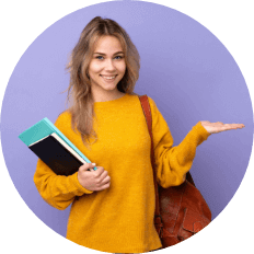 A smiling woman holds a book in one hand and a backpack in the other, exuding a cheerful and confident demeanor.