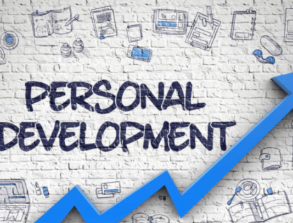 Personal development concept illustrated with an upward arrow and icons on a textured brick wall background.