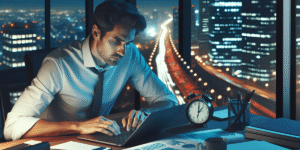 A man in a shirt and tie sits at a desk, working on a laptop.
