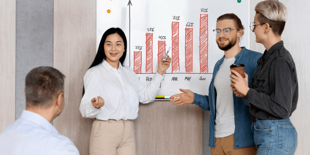 A group of five individuals discussing a chart displayed on a whiteboard in a collaborative setting.