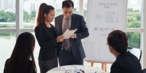 A diverse group of business professionals engaged in discussion around a conference table in a modern meeting room.
